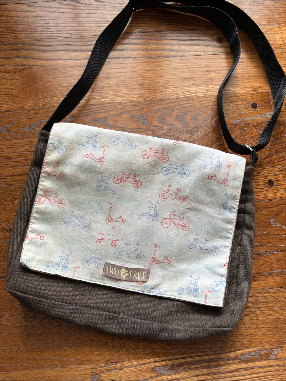 Brown Canvas Messenger Bag with Bicycle Theme